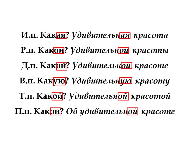 И.п. Какая? Удивительная  красота Р.п. Какой? Удивительной  красоты Д.п. Какой? Удивительной 